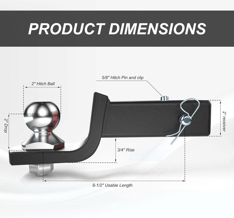 REYSUN 2-inch Drop Trailer Hitch Ball Mount Kit - 2-inch Trailer Ball and 5/8-inch Hitch Pin Kit, Fits 2-inch Hitch Receiver,7,500lbs Capacity, Matte Black - Image 3